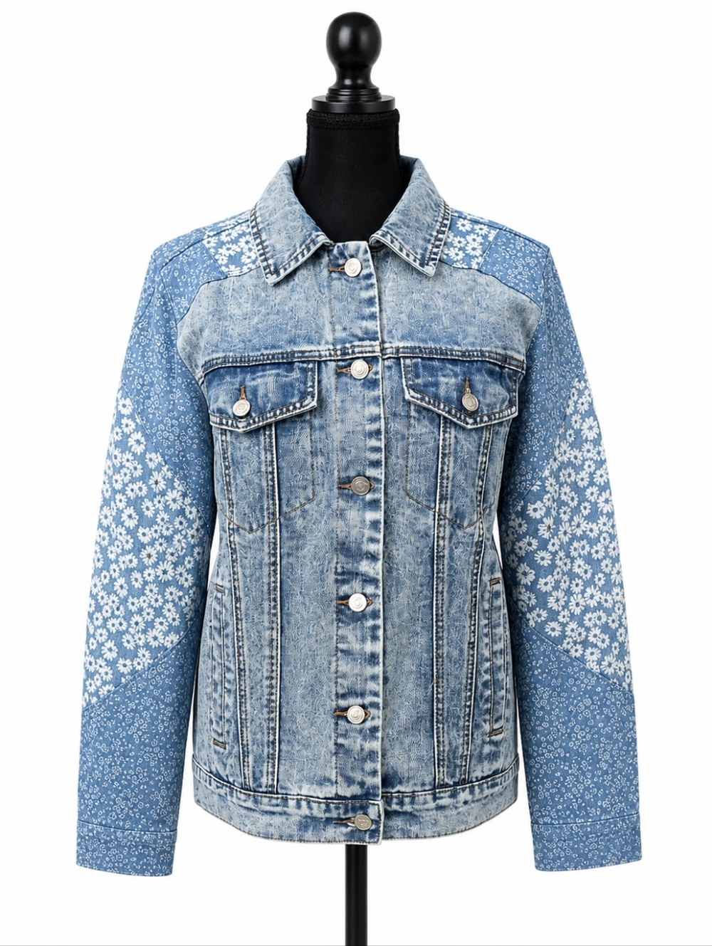Fate Light Blue Acid Wash Denim Jacket Floral Patchwork Sleeves Size S NWT